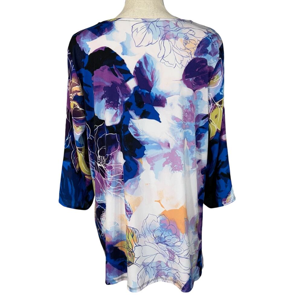 Dana Buchman Large Top Floral 3/4 Sleeves Round Neck Stretch Lightweight Knotted - Picture 5 of 9